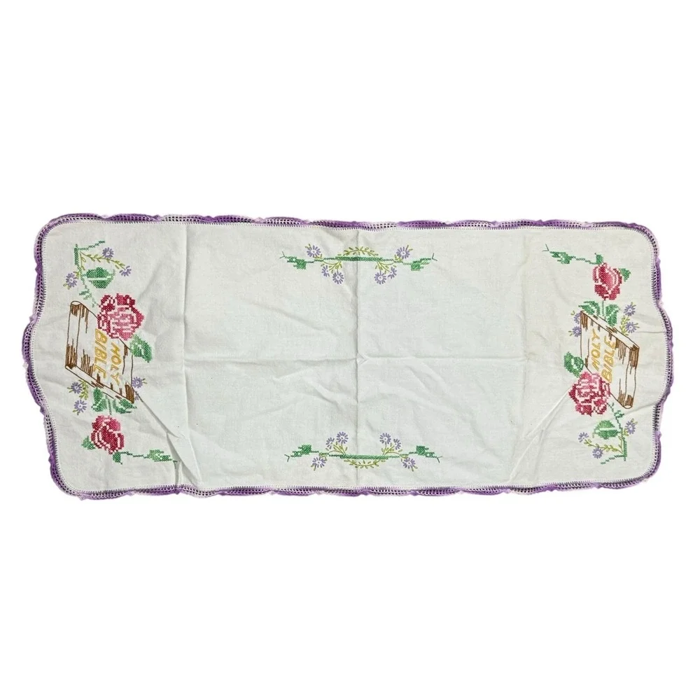 Vintage Cross Stitch Tea Towel Floral Bible Scripture Linen‎ Farmhouse